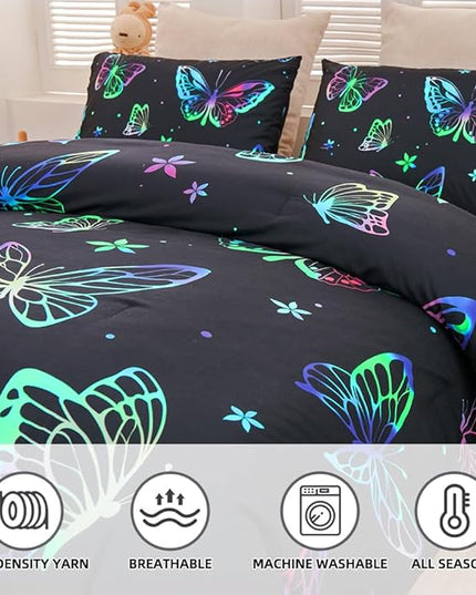 Btargot 3 Piece Butterfly Pattern Girls Comforter Set with 2 Pillow Covers, Gradient Line Rainbow Printed Bedding Set for Women, Queen Black - LeafyLoom