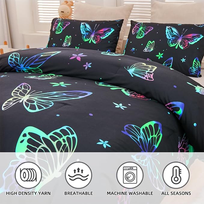 Btargot 3 Piece Butterfly Pattern Girls Comforter Set with 2 Pillow Covers, Gradient Line Rainbow Printed Bedding Set for Women, Queen Black - LeafyLoom
