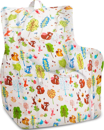 Posh Creations Structured Comfy Bean Bag Chair for Gaming, Reading, and Watching TV, Pasadena Chair, Canvas - Forest Critters on White - LeafyLoom