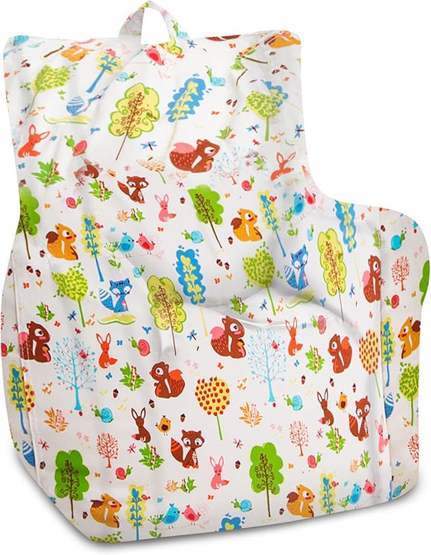 Posh Creations Structured Comfy Bean Bag Chair for Gaming, Reading, and Watching TV, Pasadena Chair, Canvas - Forest Critters on White - LeafyLoom