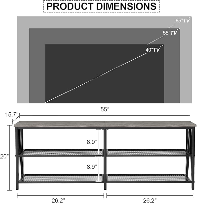 TV Stand for 60 65 Inch TV, Long 55" Entertainment Center 3-Tier TV Console Steel Frame Industrial Style TV Cabinet with Metal Frame for Living Room, Gray - LeafyLoom