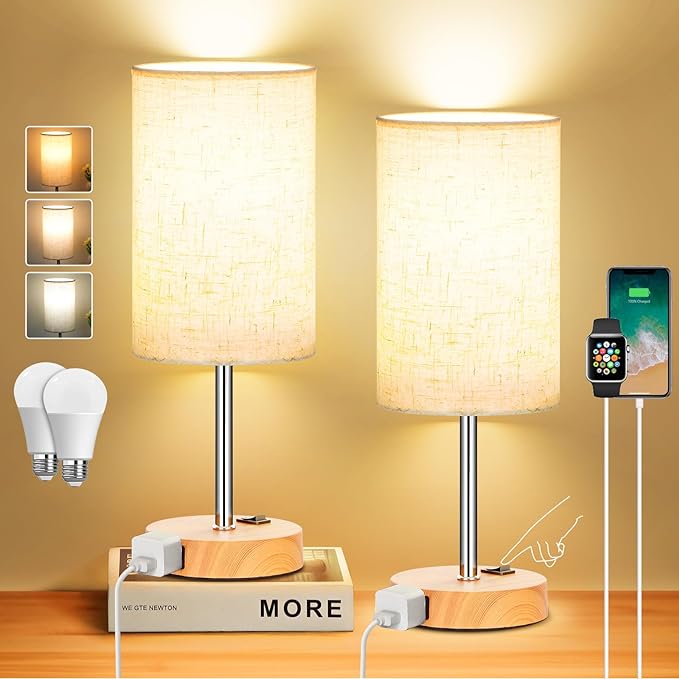 ZJOJO Table Lamp Bedside Lamps for Bedroom, Bedside Lamps Set of 2 with 3 Way Dimmable Using Rocker Switch Nightstand Lamp Night Lamp with AC Outlets for Living Room/Reading Room - LeafyLoom