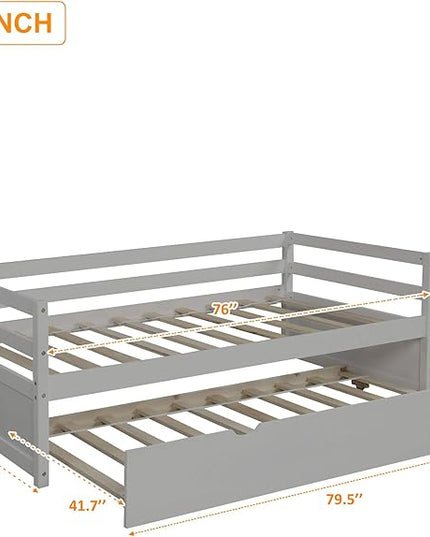 Twin Size Daybed with Hideaway Trundle,Multifunction Solid Wood Bed Frame,W/Wooden Slat Support and Guardrails,No Box Spring Needed,for Bedroom Children Room,Gray - LeafyLoom