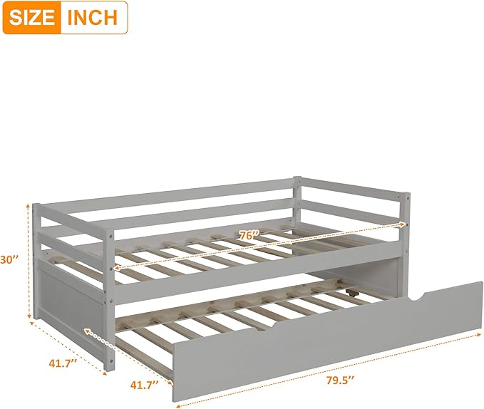 Twin Size Daybed with Hideaway Trundle,Multifunction Solid Wood Bed Frame,W/Wooden Slat Support and Guardrails,No Box Spring Needed,for Bedroom Children Room,Gray - LeafyLoom