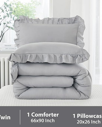 Andency Silver Gray Twin Size Comforter, 2 Pieces Farmhouse Classic Chic Ruffle Comforter for Kids, Lighteweight Soft Microfiber Bedding Set for Girls(1 Ruffle Comforter and 1 Pillowcase) - LeafyLoom
