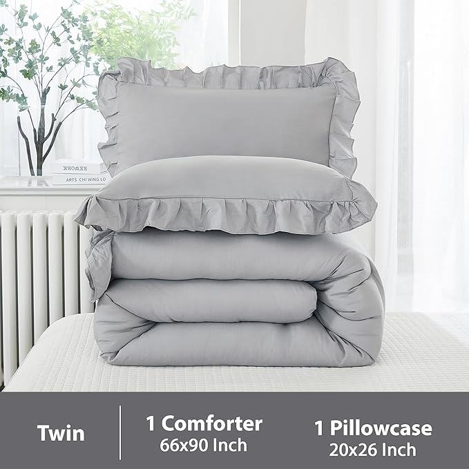 Andency Silver Gray Twin Size Comforter, 2 Pieces Farmhouse Classic Chic Ruffle Comforter for Kids, Lighteweight Soft Microfiber Bedding Set for Girls(1 Ruffle Comforter and 1 Pillowcase) - LeafyLoom