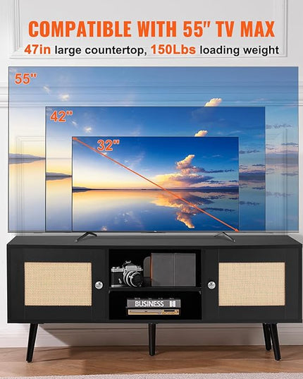 VEVOR Rattan TV Stand, Boho TV Cabinet for 55 inch TV, Mid Century Modern TV Stand, Rattan TV Console with Adjustable Shelfs for Living Room, Media Room, Black - LeafyLoom