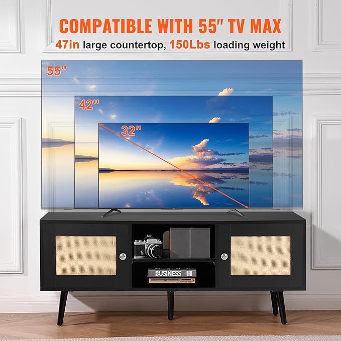 VEVOR Rattan TV Stand, Boho TV Cabinet for 55 inch TV, Mid Century Modern TV Stand, Rattan TV Console with Adjustable Shelfs for Living Room, Media Room, Black - LeafyLoom