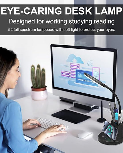 comzler LED Desk Lamp with Wireless Charger Pen Phone Holder, Black Desk Lamp for Home Office, Dimmable Desk Light 3 Color Modes, College Dorm Study Lamp for College Dorm, CRI 90 800 Lumen - LeafyLoom