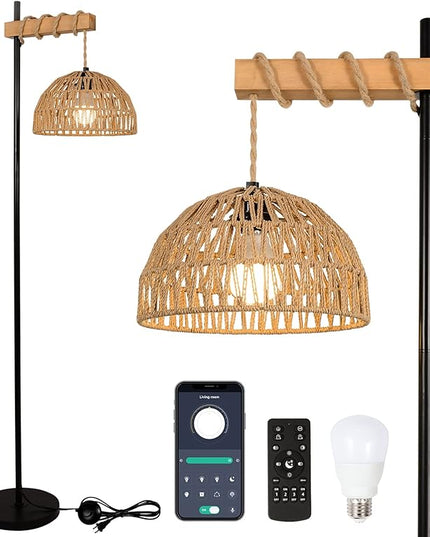 Floor Lamp for Living Room with 3 Color Temperatures and Stepless Dimmer, Smart Floor Lamp with Remote Control & APP, Tall Standing Lamp with Rattan Lampshade, Farmhouse Floor Lamps for Bedroom Office - LeafyLoom