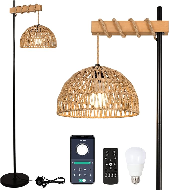 Floor Lamp for Living Room with 3 Color Temperatures and Stepless Dimmer, Smart Floor Lamp with Remote Control & APP, Tall Standing Lamp with Rattan Lampshade, Farmhouse Floor Lamps for Bedroom Office - LeafyLoom
