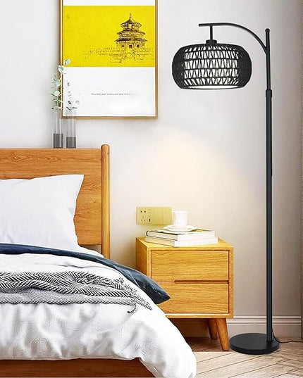 Arc Floor Lamp with 3 Color Temperatures, Dimmable LED Black Floor Lamp with Remote Control, Boho Standing Lamp with Rattan Wicker Shades, Farmhouse Tall Pole Lamp for Living Room Bedroom - LeafyLoom