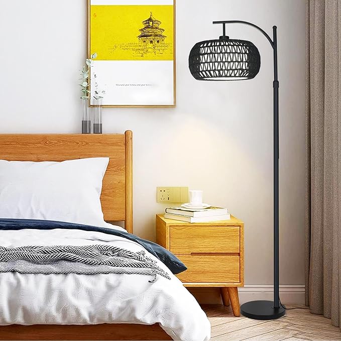 Arc Floor Lamp with 3 Color Temperatures, Dimmable LED Black Floor Lamp with Remote Control, Boho Standing Lamp with Rattan Wicker Shades, Farmhouse Tall Pole Lamp for Living Room Bedroom - LeafyLoom