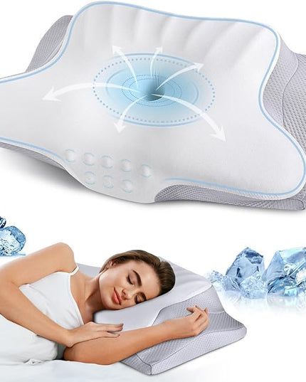 Cervical Neck Pillow Memory Foam Pillows Cooling Pillow for Neck Pain Relief, Ergonomic Orthopedic Neck Support Contour Bed Pillow for Side Back Stomach Sleepers with Washable Ice Silk Pillowcase - LeafyLoom