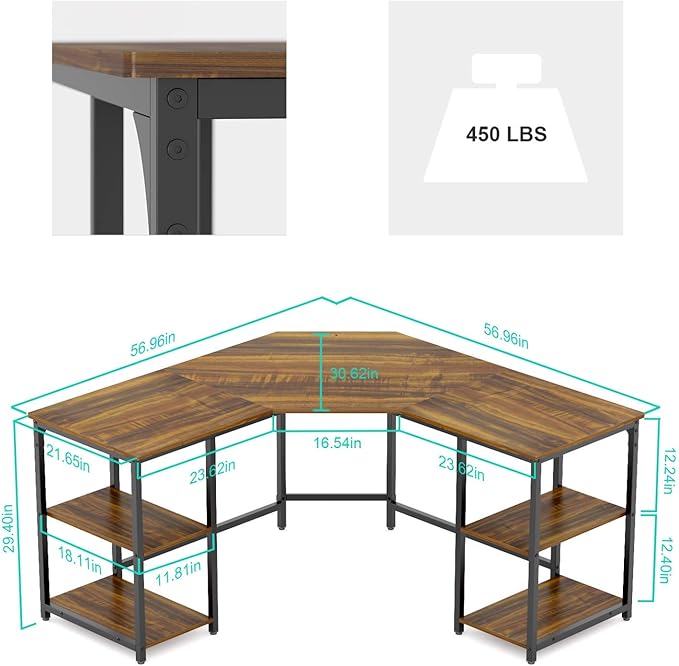 Elephance Large L-Shaped Computer Desk with Shelves, Corner Desk, Home Office Writing Workstation, Gaming Desk PC Latop Table with Storage - LeafyLoom