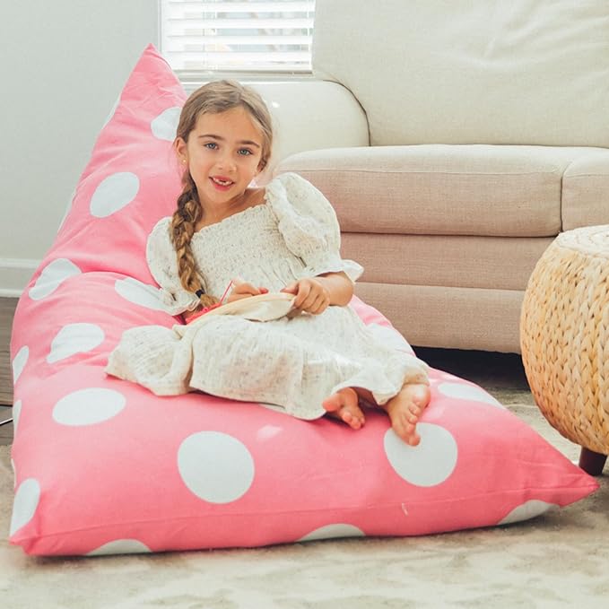 Butterfly Craze Bean Bag Chair Cover, Functional Toddler Toy Organizer, Fill with Stuffed Animals to Create a Jumbo, Comfy Floor Lounger for Boys or Girls, Stuffing Not Included, Light Pink Polka Dots - LeafyLoom