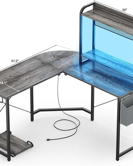 Small L Shaped Gaming Desk with Power Outlets, Corner Gaming Desk with LED Light, Reversible L-Shaped Desk with Monitor Stand & Hutch, L Shaped Desk Home Office Desk with Storage Bag, Grey - LeafyLoom