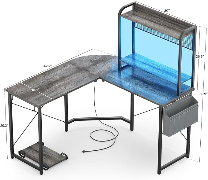 Small L Shaped Gaming Desk with Power Outlets, Corner Gaming Desk with LED Light, Reversible L-Shaped Desk with Monitor Stand & Hutch, L Shaped Desk Home Office Desk with Storage Bag, Grey - LeafyLoom