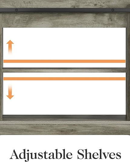 Farmhouse TV Stand for 23" Fireplace, 34'' Tall Entertainment Center for 65+ Inch TV, Rustic TV Console with Sliding Bar Door for Living Room (Light Grey) - LeafyLoom