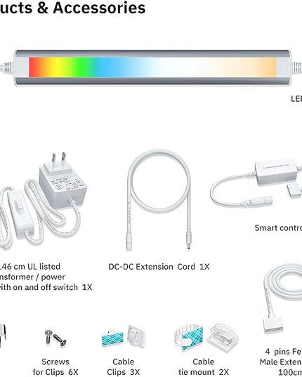 Smart Under Cabinet Lighting Strip Lights White and Multi Color Work With Amazon Alexa Google Home Dimmable for Show Case, TV Back Lights, Kitchen Counter, Book Case, Under Bed (3 Lights Bar kit) LAMPAOUS