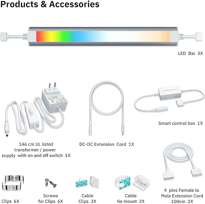 Smart Under Cabinet Lighting Strip Lights White and Multi Color Work With Amazon Alexa Google Home Dimmable for Show Case, TV Back Lights, Kitchen Counter, Book Case, Under Bed (3 Lights Bar kit) LAMPAOUS