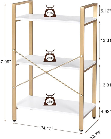 BEWISHOME 3 Tier Bookshelf, Modern Small Book Shelf for Small Spaces, White Gold Wooden Shelves for Bedroom Living Room and Home Office, 13.78" D x 24.12" W x 37.09" H, JCJ42M - LeafyLoom
