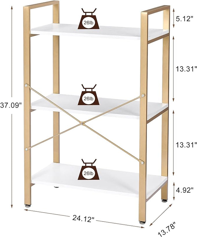 BEWISHOME 3 Tier Bookshelf, Modern Small Book Shelf for Small Spaces, White Gold Wooden Shelves for Bedroom Living Room and Home Office, 13.78" D x 24.12" W x 37.09" H, JCJ42M - LeafyLoom