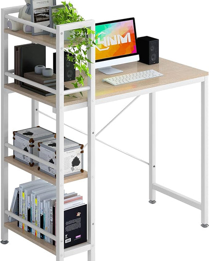 4NM 35" Small Computer Desk with 4-Tier Bookshelf, Home Office Desk Writing Workstation Study Table Multipurpose for Small Space Work - Natural and White - LeafyLoom