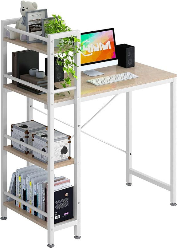 4NM 35" Small Computer Desk with 4-Tier Bookshelf, Home Office Desk Writing Workstation Study Table Multipurpose for Small Space Work - Natural and White - LeafyLoom