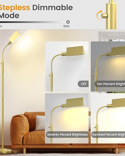 Stepless Dimmable Floor Lamp, Modern Reading Floor Lamp with Adjustable Metal Gooseneck, Standing Lamp for Living Room Bedroom Office Home Decor, 9W E26 Base Bulb Included(Gold) - LeafyLoom