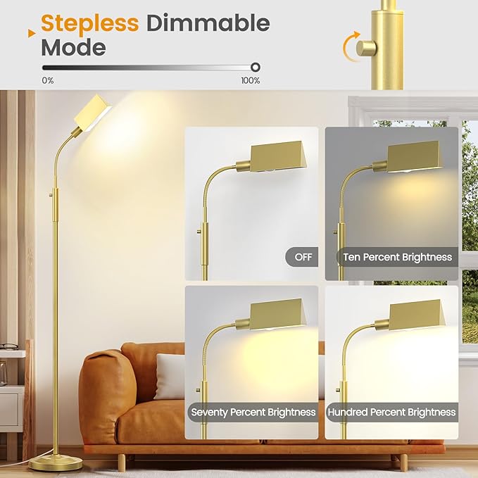 Stepless Dimmable Floor Lamp, Modern Reading Floor Lamp with Adjustable Metal Gooseneck, Standing Lamp for Living Room Bedroom Office Home Decor, 9W E26 Base Bulb Included(Gold) - LeafyLoom