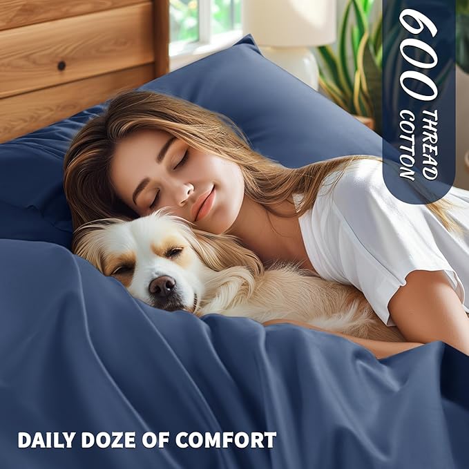 Shilucheng 100% Cotton King Size Sheets Set - 600 Thread Count，Luxury Egyptian Cotton Bed Sheets，5-Star Hotel Quality Sheets, Breathable & Cooling, 16 Inch Deep Pocket - 4 Piece (Navy Blue, King) - LeafyLoom