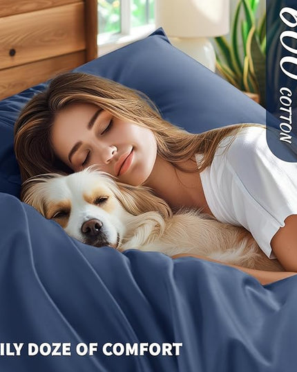 Shilucheng 100% Cotton Sheets Set - 600 Thread Count，Luxury Egyptian Cotton Bed Sheets，5-Star Hotel Quality Sheets, Breathable & Cooling, 16 Inch Deep Pocket - 4 Piece (Navy Blue, California King) - LeafyLoom