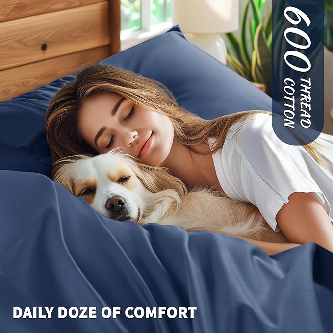 Shilucheng 100% Cotton Sheets Set - 600 Thread Count，Luxury Egyptian Cotton Bed Sheets，5-Star Hotel Quality Sheets, Breathable & Cooling, 16 Inch Deep Pocket - 4 Piece (Navy Blue, Full) - LeafyLoom