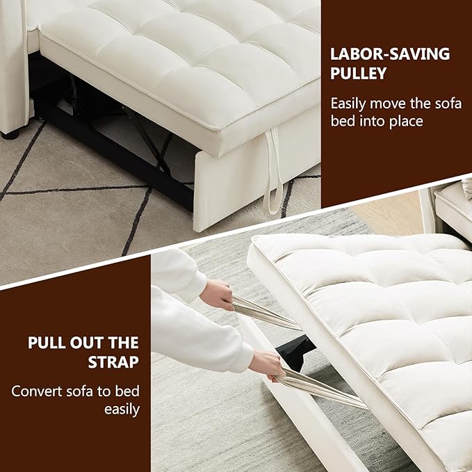 3 in 1 Loveseat Sofa Bed, Pull Out Couch Sleeper with Storage, Full Size Velvet Convertible Chair with 2 Pockets & 2 Pillows for Living Room, White - LeafyLoom