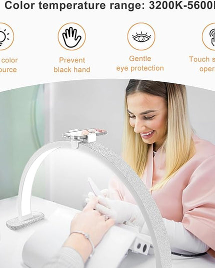 Half Moon Light for Nail Desk, 30'' Half Moon Lamp with Phone Holder, Large 40W Led Lash Light for Nails, Eyelash Extensions, Makeup, Tattoo, Spa, Desk Lamp for Nail Tech (White) - LeafyLoom