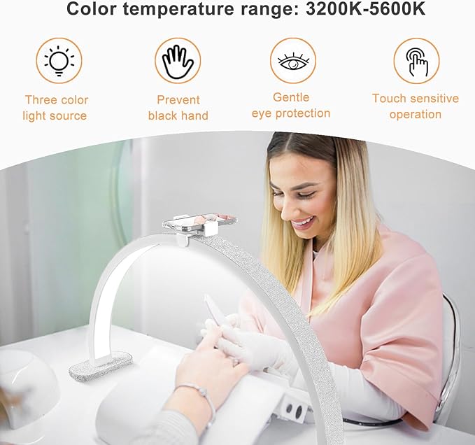 Half Moon Light for Nail Desk, 30'' Half Moon Lamp with Phone Holder, Large 40W Led Lash Light for Nails, Eyelash Extensions, Makeup, Tattoo, Spa, Desk Lamp for Nail Tech (White) - LeafyLoom