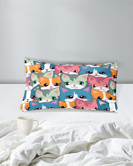 Cat Twin Comforter Set for Girls - Neon Cat Bedding Set for Girls Bedroom Cartoon Cats Twin Bedding Set for Room Ultra Soft Black Neon Cat Quilt and 1 Pillowcase Kids Girls Room Decor, Twin Size - LeafyLoom