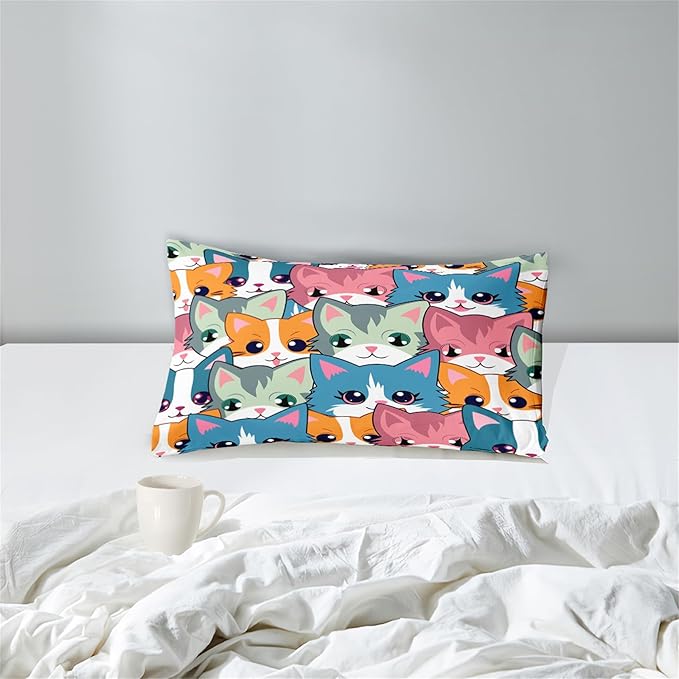 Cat Twin Comforter Set for Girls - Neon Cat Bedding Set for Girls Bedroom Cartoon Cats Twin Bedding Set for Room Ultra Soft Black Neon Cat Quilt and 1 Pillowcase Kids Girls Room Decor, Twin Size - LeafyLoom