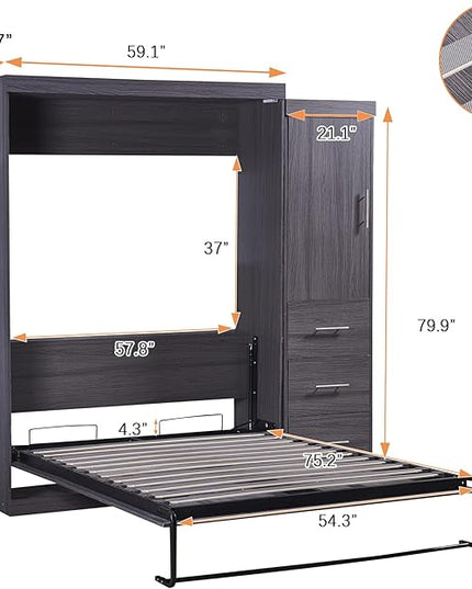 Full Size Murphy Bed, Multifunctional Storage Bed Wall Bed with 3 Drawers and Wardrobe, Can be Folded into a Cabinet, Ideal for Small Spaces Place, No Box Spring Needed, Gray - LeafyLoom
