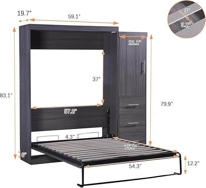 Full Size Murphy Bed, Multifunctional Storage Bed Wall Bed with 3 Drawers and Wardrobe, Can be Folded into a Cabinet, Ideal for Small Spaces Place, No Box Spring Needed, Gray - LeafyLoom