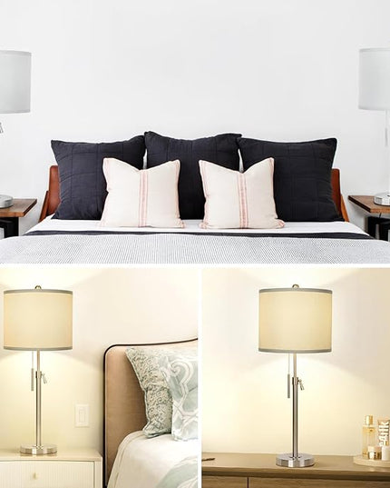 Brushed Nickel Table Lamps Set of 2: 22" to 30" Height Adjustable Nightstand Lamps with Grey Linen Shade Pull Chain Switch Silver Pole Beside Lamp for Living Room Bedroom (Brushed Nickel,Grey Shade) - LeafyLoom