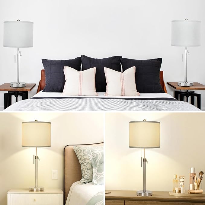 Brushed Nickel Table Lamps Set of 2: 22" to 30" Height Adjustable Nightstand Lamps with Grey Linen Shade Pull Chain Switch Silver Pole Beside Lamp for Living Room Bedroom (Brushed Nickel,Grey Shade) - LeafyLoom