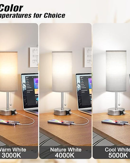 Grey Table Bedside Lamp for Bedroom Nightstand - Small Silver Lamp with USB A + C Charging Port, 3 Color Temperatures Pull Chain Night Stand Light with Bulb, Side Table Desk Lamp for Living Room - LeafyLoom
