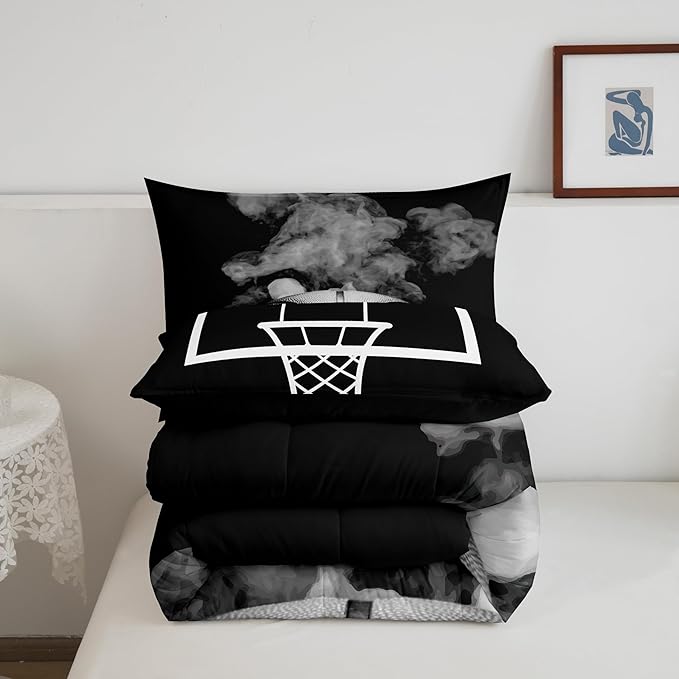 Erosebridal Basketball Comforter Set for Boys Teen King Size Sports Basketball Bedding Set Basketball Room Decor Reversible Black Down Comforter Grey Hippie Smoke Quilt Duvet Insert 2 Pillow Case - LeafyLoom