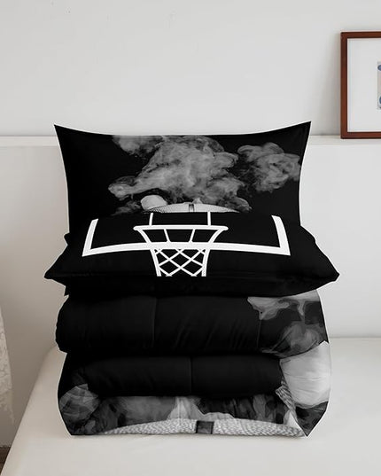 Sports Basketball Full Size Comforter Sets For Boys Teen Kids Basketball Quilt Bedding Set Grey Hippie Smoke Comforter Reversible Black Duvet Insert,1 Comforter + 2 Pillow Case Basketball Room Decor - LeafyLoom