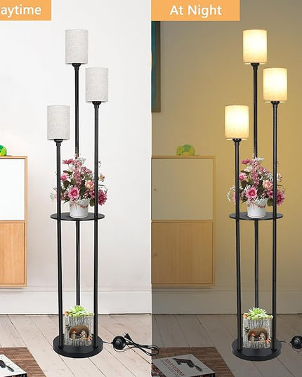 Floor Lamp - 3 Lights Modern Floor Lamp for Living Room, Dimmable Tall Pole Lamp with Shelves, Farmhouse Standing lamp for Bedrooms Office Home Decor, 3 LED Bulbs Included, 3 Color Temperatures - LeafyLoom