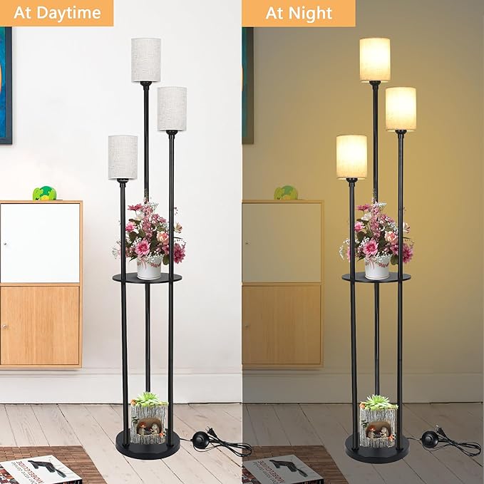 Floor Lamp - 3 Lights Modern Floor Lamp for Living Room, Dimmable Tall Pole Lamp with Shelves, Farmhouse Standing lamp for Bedrooms Office Home Decor, 3 LED Bulbs Included, 3 Color Temperatures - LeafyLoom