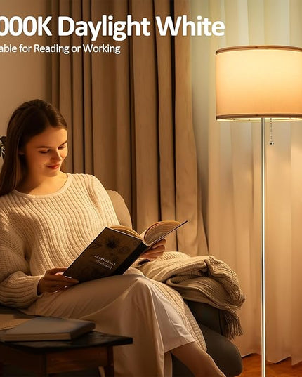 Floor Lamp, Modern Standing Lamps for Living Room with LED Bulb, 3 Color Temperature Simple Design Tall Lamps with Pull Chain Switch, Silver Pole Lamp with Lampshade for Office Reading - LeafyLoom
