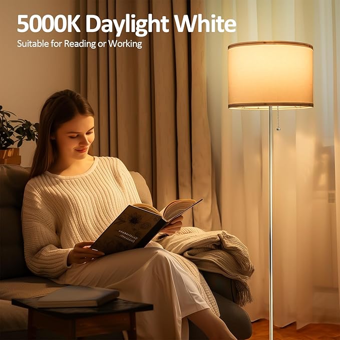 Floor Lamp, Modern Standing Lamps for Living Room with LED Bulb, 3 Color Temperature Simple Design Tall Lamps with Pull Chain Switch, Silver Pole Lamp with Lampshade for Office Reading - LeafyLoom